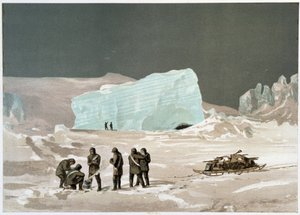 Hombres y trineo en el hielo en "Las costas del mar polar, una narración de expedición ártica" de Dr. Edward Moos, Marcus Nard & Co, Londres de Unknown artist