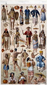 Hombres y mujeres representando a los diferentes pueblos de Oceanía. Grabado del siglo XIX de Unknown artist
