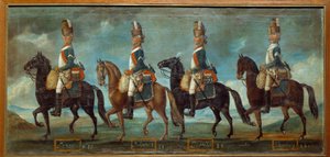 Uniformes militares de dragones, según la orden de 1779: regimientos de Lanan (n. 20), Belsunce (n. 21), Languedoc (n. 22), Schomberg (n. 24) de Unknown artist