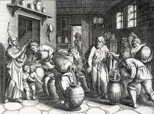 Milagro de Eliseo, profeta bíblico y discípulo de Elías que, con su manto, le transmite su espíritu y poderes. Grabado de 1724. de Unknown artist
