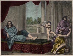 Molière Jean Baptiste Poquelin (1622-1673) evocando el Genio de la comedia para derribar el vicio y desenmascarar la hipocresía - Grabado después de una pintura que desapareció en el siglo XVII de Unknown artist