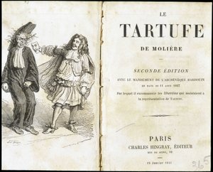 Molière asustando a un eclesiástico usando una máscara de teatro - Frontispicio de “Tartufo” de Molière, ed. Hingray, París de Unknown artist