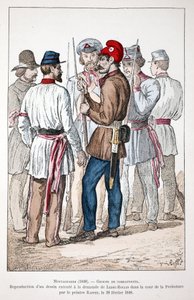 Montañeses (1848), un grupo de combatientes, uno de los cuales lleva el gorro frigio y la escarapela revolucionaria de Unknown artist