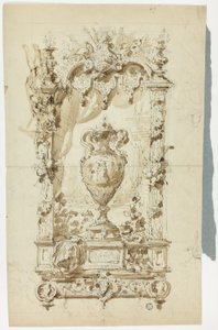 Jarrón monumental con marco ornamental (anverso); boceto de hombre de pie con sombrilla y loro, y estudios arquitectónicos (reverso). de Unknown artist
