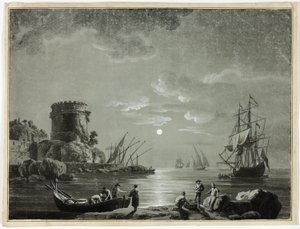 Escena nocturna en puerto pesquero de Unknown artist