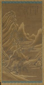 Montañas, un río y pinos—un hombre en un burro de Unknown artist