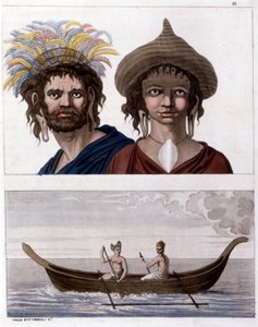 Nativo de la Isla de Pascua (Rapa Nui) en Polinesia, miembros del clan de las Orejas Largas. Abajo, uno de sus barcos. - en “El Traje Antiguo y Moderno” de Jules Ferrario