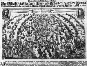 Batalla naval de La Hougue (1692) que enfrentó al ejército de Luis XIV contra Holanda. Grabado. Siglo XVIII. de Unknown artist