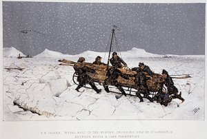 Cerca del río, Golfo de San Lorenzo: bote en un trineo, cerca de Brule y Cabo Tormentin - en "Sketches of Canadian Sports and Pastimes" de Lieut. Henry Buckton Laurence de Unknown artist