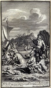Neptuno, indignado al ver las fuerzas y hazañas de los griegos, deja el mar para transportarse a su campamento y levantar bajo la figura de Calcas, que luego toma, su coraje casi completamente destruido. Ilustración del libro XIII de la Ilíada de Homero, e de Unknown artist
