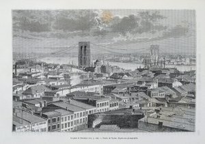 Nueva York y el Puente de Brooklyn en construcción - en "La Vuelta al Mundo", 2º Sem. 1881