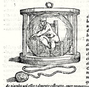 Segundo traje de Nicoli Fontana llamado Tartaglia (1499 - 1557). Proporciona una esfera de cristal en la que se cierra el buzo. Grabado del siglo XVI de Unknown artist