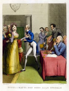 “No todos los tontos están en el hospital.” Ilustración de una colección de proverbios del siglo XVIII