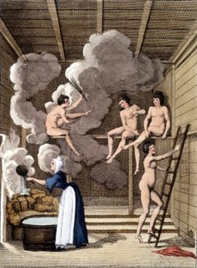 Personajes desnudos en una sauna finlandesa. Grabado de 1811 incluye un libro sobre el viaje