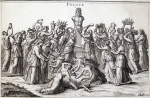 Ofrecimientos hechos por mujeres al dios Priapo (Priapos), el dios asiático de la fecundidad, que llegó a Grecia. Lugar de culto de Lampsaque. de Unknown artist
