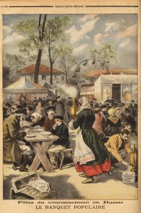 Con motivo de la coronación del Zar Nicolás II, se ofrece un banquete popular a 500,000 rusos en el campo de maniobras de Khodinskoie en Moscú, precedido por representaciones teatrales. Grabado en "Le petit journal" 17/05/1896. Colección Selva de Unknown artist