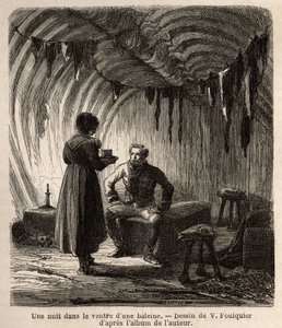 Una noche en el vientre de una ballena, el autor es recibido durante su viaje en un boer, hogar de pescadores, cuyo marco y muebles están hechos del esqueleto del enorme cetáceo y de las pieles de focas, caballos y perros. Grabado para ilustrar el viaje