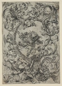 Follaje Ornamental, con un Búho y otros Pájaros