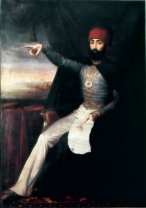 Imperio Otomano: Retrato del Sultán Mahmud II (1784-1839). Representativo señalando con el dedo, tal vez para indicar la orden de masacrar a los jenízaros. Pintura anónima al óleo. 1808-1839. Estambul, Museo Topkapi Sarayi, Turquía de Unknown artist
