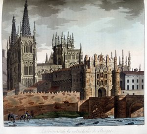 Exterior de la Catedral Gótica de Santa María en Burgos, España. Litografía del siglo XIX de Unknown artist
