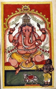 Página que representa a la deidad hindú Ganesha, patrón de comerciantes, viajeros y ladrones. Página tomada del manuscrito 