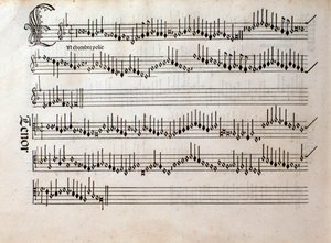 Página de la partitura de Harmonice Musices Odhecaton de Ottaviano Petrucci (1501) de Unknown artist