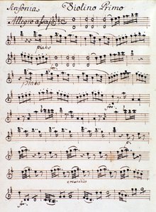 Página de la partitura para el primer violín de la Sinfonía n. 4 en re, de Mozart (1765) de Unknown artist
