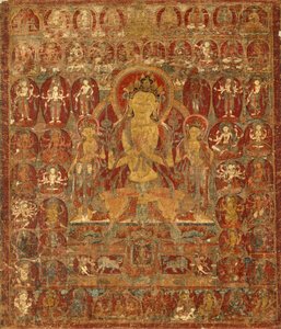 Estandarte pintado (Thangka) del Bodhisattva Manjushri con Vajrapani (derecha) y Padmapani (izquierda)