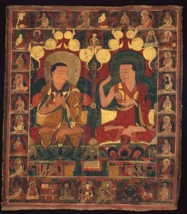Estandarte pintado (Thangka) de la pintura del linaje de dos lamas en debate