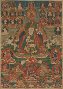 Estandarte pintado (Thangka) del sabio Gurú Padmasambhava sentado sosteniendo un rayo (Vajra) y la copa del cráneo (Kapala) de Unknown artist