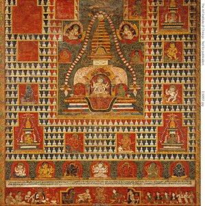 Estandarte pintado (paubha) de la diosa Ushnishavijaya dentro de un túmulo funerario (chaitya) y rodeado de chaityas