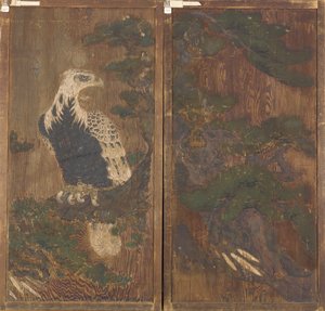 Par de puertas con águila en un pino por un lado; ciervo y flores de cerezo por el otro de Unknown artist