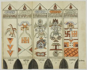 Parte de un juego de diez piezas de estacas rituales impresas (Khram Shing) de Unknown artist