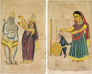 Parvati Placing a Wedding Garland on Shiva (recto); Yasoda Churning Butter (verso) de Unknown artist