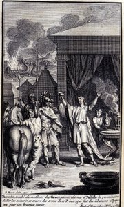 Patroclo, tocado por la desgracia de los griegos, habiendo obtenido permiso de Aquiles para ir a rescatarlos, se cubre con las armas de este príncipe, quien hace libaciones a Júpiter por su feliz regreso. Ilustración del libro XVI de la Ilíada de Homero. de Unknown artist