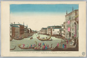 Vista del Gran Canal, del Palacio Balbori, del Puente Rialto y de la Fiesta de las Góndolas en Venecia