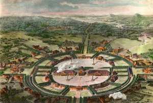 Vista en perspectiva de las Salinas Reales de Arc y Senans (Arc-et-Senans) cerca de Chaux construidas por Claude Nicolas Ledoux en 1774. Grabado después de 