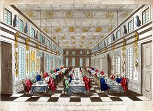 Vista en perspectiva de la Salle des Festins de Versalles en celebración de la paz en 1763 entre Gran Bretaña, Francia y España