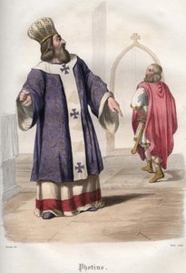 Fotios I (Focio, Fotios) (810-893), Patriarca de Constantinopla, expulsando al Emperador Bizantino Basilio I el Macedonio (813-886) de la iglesia después del asesinato del Emperador Miguel III en 867. de Unknown artist