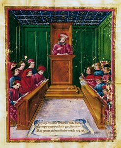 Pietro da Unzola dando una conferencia de derecho a alumnos en la Universidad de Bolonia, miniatura de Liber iurium et privilegiorum notariorum Bononiae, Italia