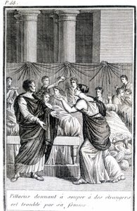 Pillacus dando cena a los extraños es molestado por su esposa