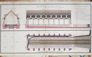 Plano de un edificio y cimentación del puerto de Rochefort