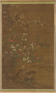 Flores de ciruelo, camelias y patos mandarines