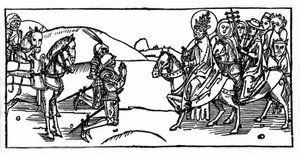 El Papa León I se encuentra con Atila y lo detiene - Grabado de “Leben der Heiligen - sommerteil” (El libro de los santos) por Jacobus (James) de Voragine (1228-1298). Lübeck 1488.