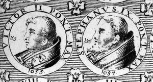 Papás Víctor II (o Víctor 2 muerto en 1057) y Esteban IX (o Esteban 9 muerto en 1058). Grabado del siglo XVIII
