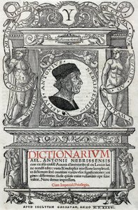 Retrato de Antonio Martínez de Cala, conocido como Antonio de Nebrija (1441-1522), humanista y gramático español. Guardapágina de su diccionario, publicado en 1536. Biblioteca Nacional de Madrid de Unknown artist