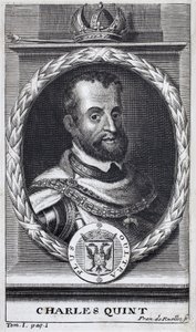 Retrato de Carlos V (1500-1558), Rey de España y América Española, Rey de Sicilia y Emperador del Sacro Imperio Romano Germánico (1519-1556). Grabado para ilustrar 