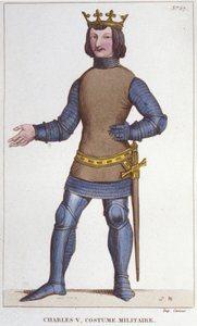 Retrato de Carlos V el Sabio en traje militar (1338 - 1380). Grabado de 1830