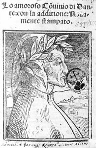 Retrato de Dante Alighieri (1265 - 1321), poeta italiano. Frontispicio de 