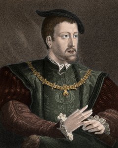 Retrato del Emperador Carlos V (1500-1558) con el collar de la Orden del Toisón de Oro - Carlos V (1500-1558) llevando la cadena de la Orden del Toisón de Oro alrededor de su cuello - grabado - siglo XIX de Unknown artist